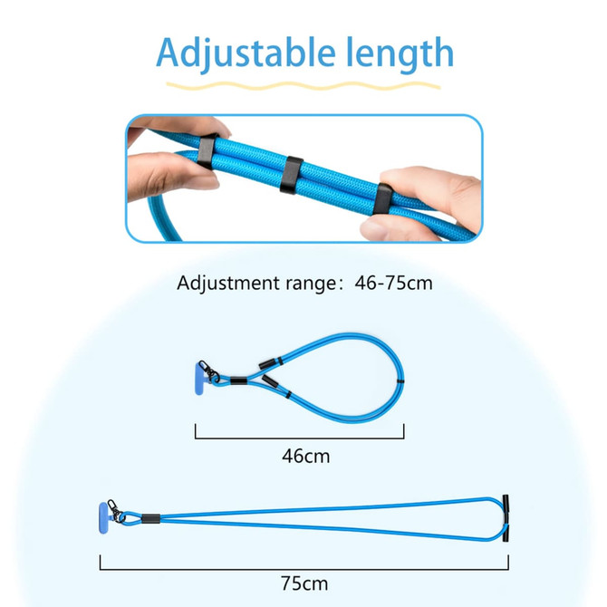 A blue adjustable phone lanyard with clips, showcasing a length adjustment range of 46cm to 75cm.