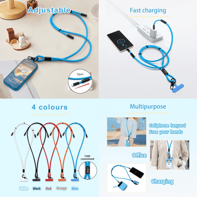 A blue adjustable phone lanyard with charging capability, available in four colours: white, black, red, and orange.