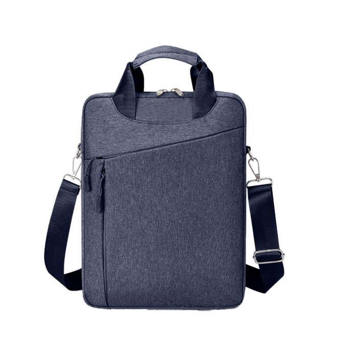 A navy blue business sling laptop bag with a zippered main compartment and a front pocket, featuring a logo.
