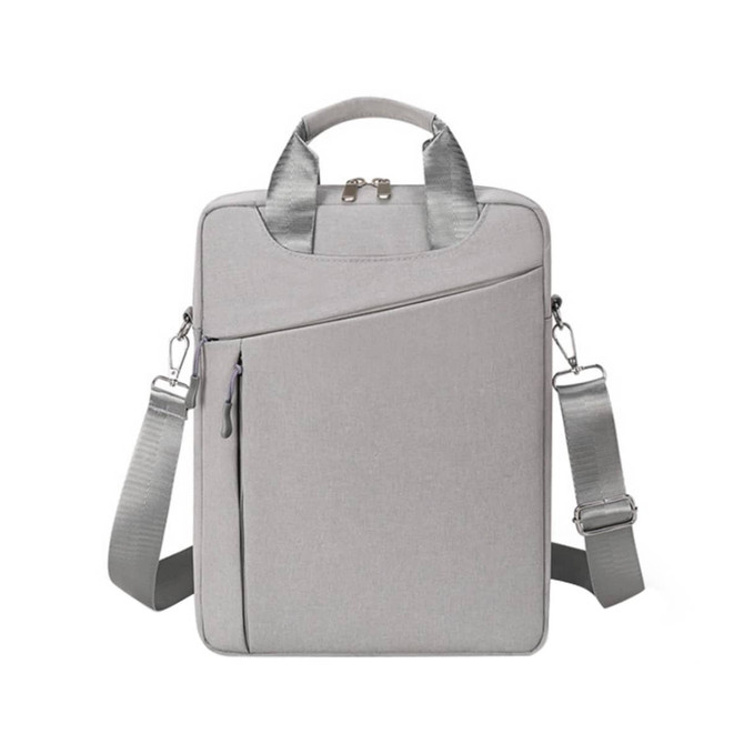 A grey laptop bag with a handle, adjustable strap, and a front zip pocket, featuring a logo.
