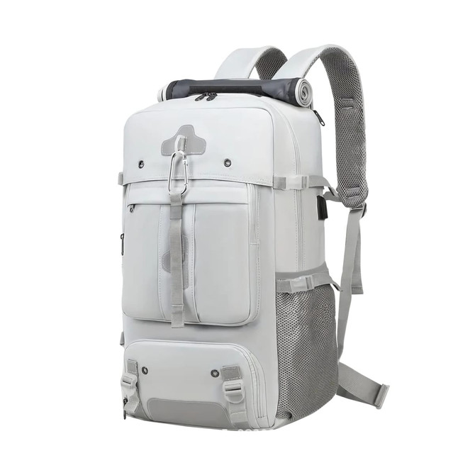 A convertible backpack in grey with dual straps, featuring multiple pockets and a roll-top design. 