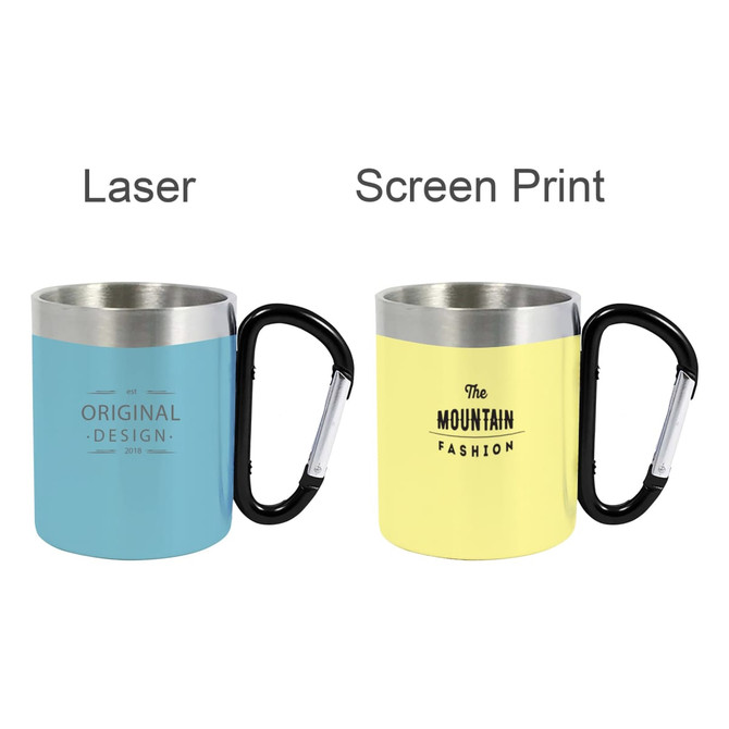 A drink bottle featuring a blue and yellow recycled stainless steel mug with carabiner handles and logos.