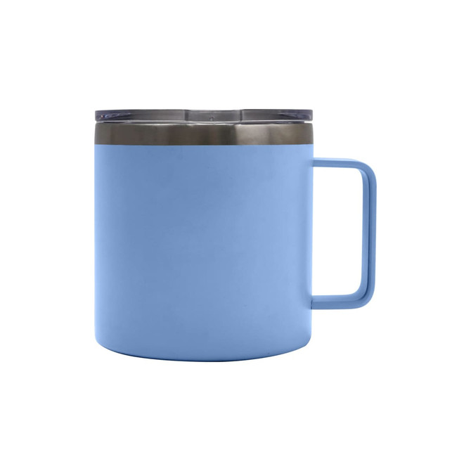 A drink bottle in light blue with a stainless steel lid and a sturdy handle, featuring a logo.