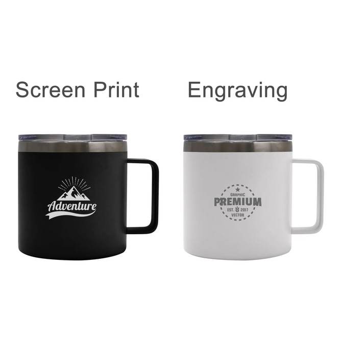A drink bottle featuring a black mug with a logo and a white mug with engraved text. Both have handles and a metallic lid.