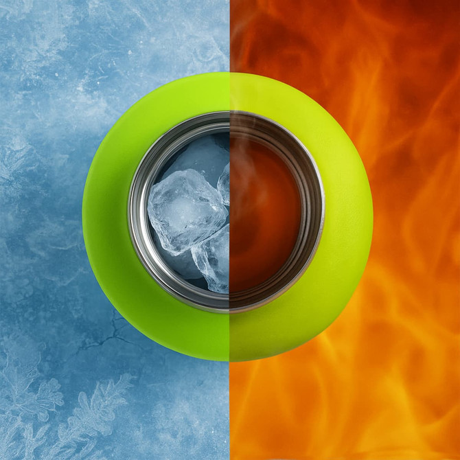 A drink bottle in bright green with a stainless steel interior, featuring ice cubes and a fiery background split design.
