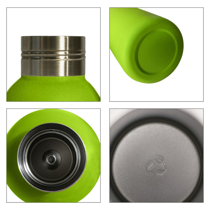 A drink bottle with a bright green exterior, stainless steel top, and insulated interior. Features a recycling symbol on the bottom.