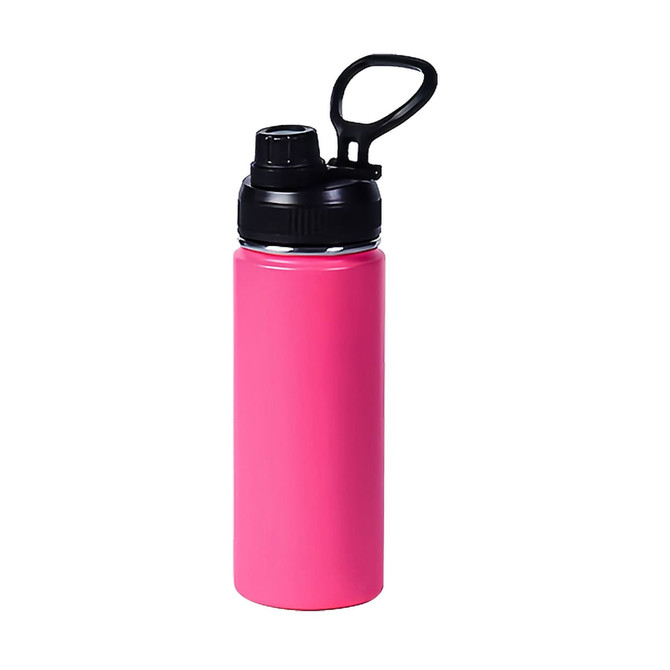 A pink stainless steel drink bottle with a black lid and a carry handle. Features a sleek, double wall vacuum design.