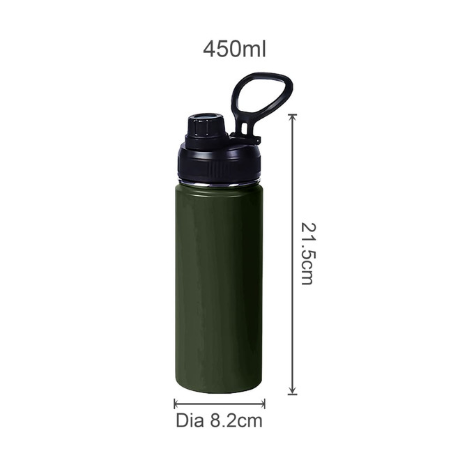 A drink bottle in olive green, featuring a double wall vacuum design and a black carry handle.