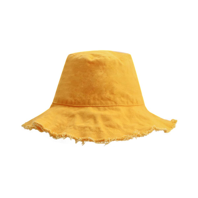 A yellow Raw Edge Bucket Hat with a frayed brim and a logo.