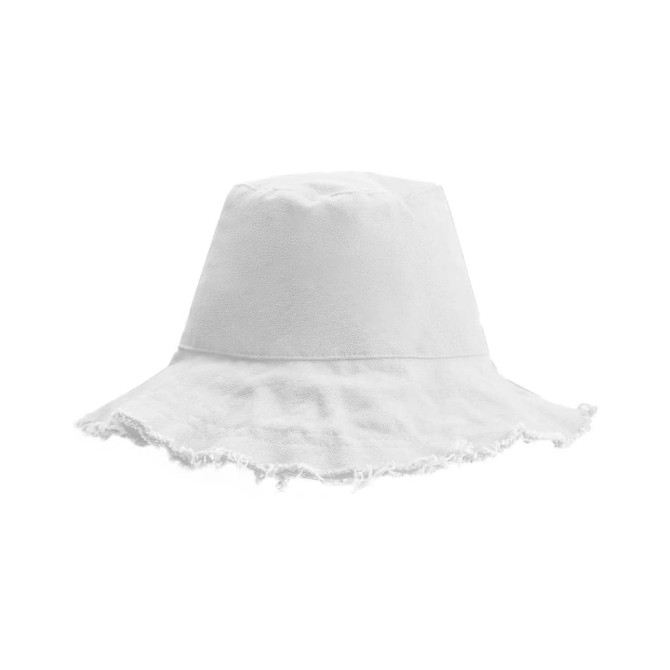 A white Raw Edge Bucket Hat with a frayed brim and an inner logo label.