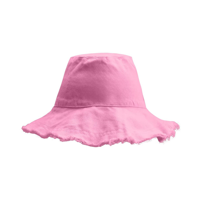 A pink raw edge bucket hat with a frayed brim, featuring a logo on the side.