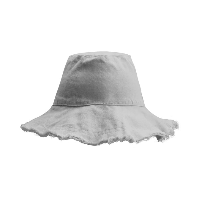A grey Raw Edge Bucket Hat with a frayed brim and a simple design, featuring a logo.