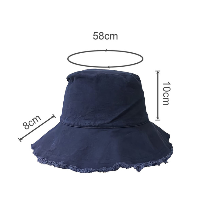 A navy blue bucket hat with a raw edge, featuring a wide brim and measurements displayed.