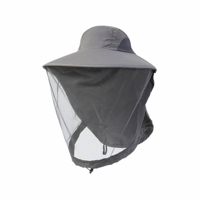 A grey mosquito mesh hat featuring a wide brim and a mesh neck cover for protection against insects.