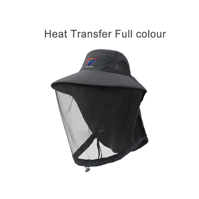 A black mosquito mesh hat with a wide brim and a mesh face shield. It features a logo on the front.