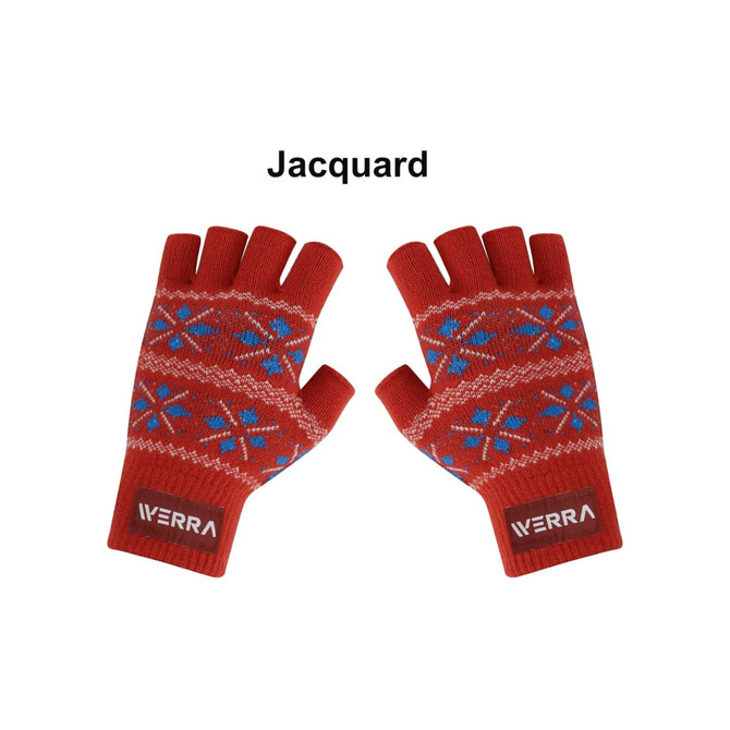 Red jacquard fingerless gloves with blue snowflake patterns and a logo on the wrist.