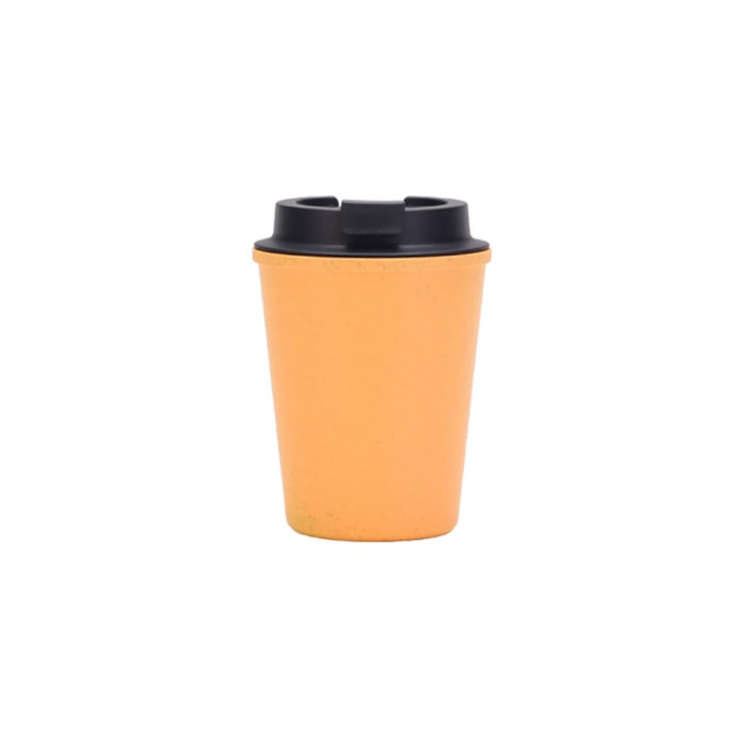 A drink bottle featuring a double wall design, made from wheat straw, in orange with a black lid. It has a logo.