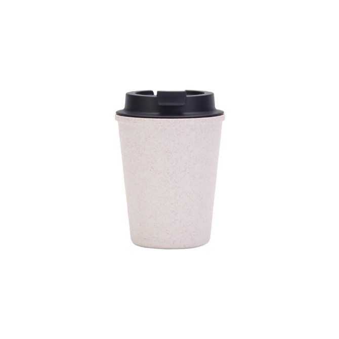 A drink bottle featuring a cream-coloured body with a black lid and an emblem on the side.