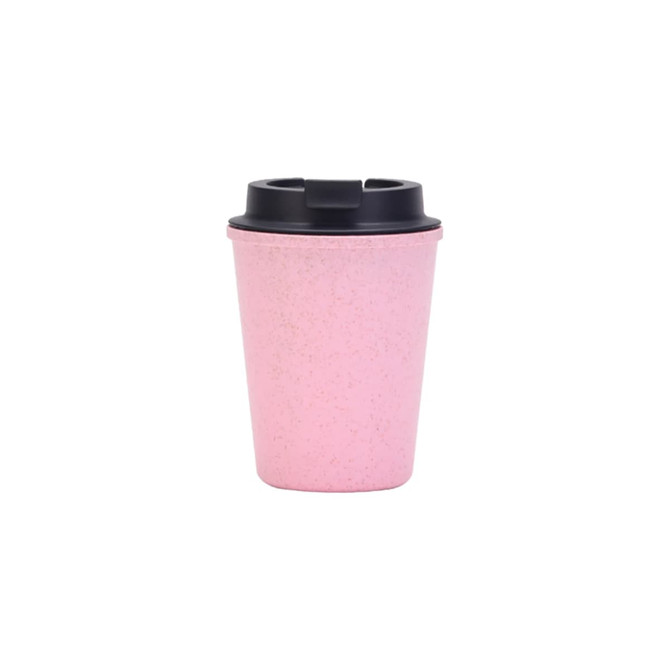 A drink bottle featuring a pink double wall design and a black lid, with a branding logo.