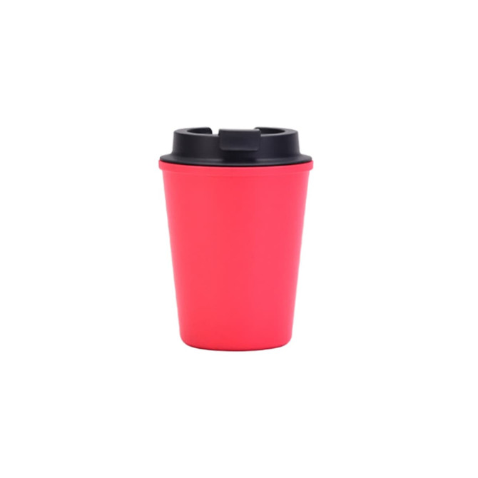 A drink bottle in bright pink with a black lid and a logo, featuring a double-wall design for insulation.