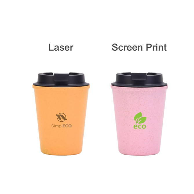 A drink bottle in orange and pink, featuring a black lid and a logo on the front.