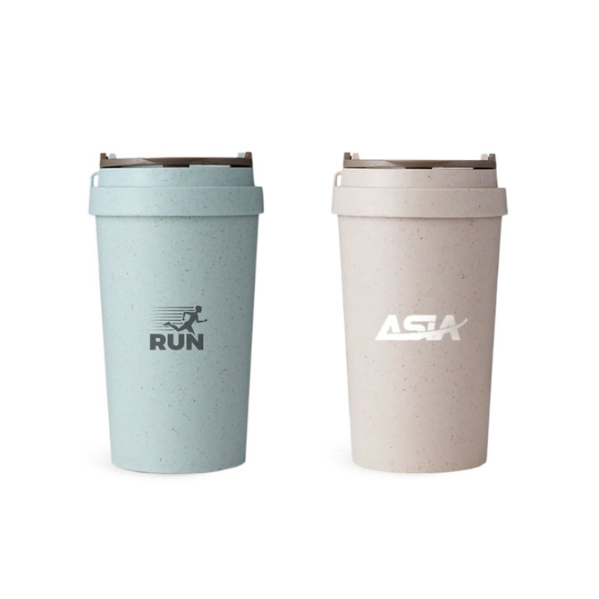 A drink bottle duo featuring a blue and a cream double wall wheat straw water cup, each with a logo.