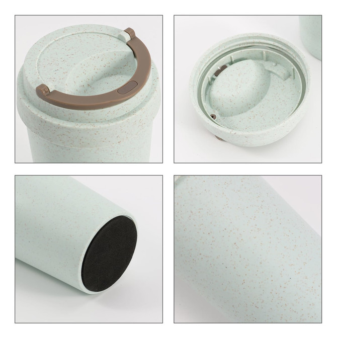 A drink bottle featuring a light green, speckled design and a brown lid with an integrated drinking spout.