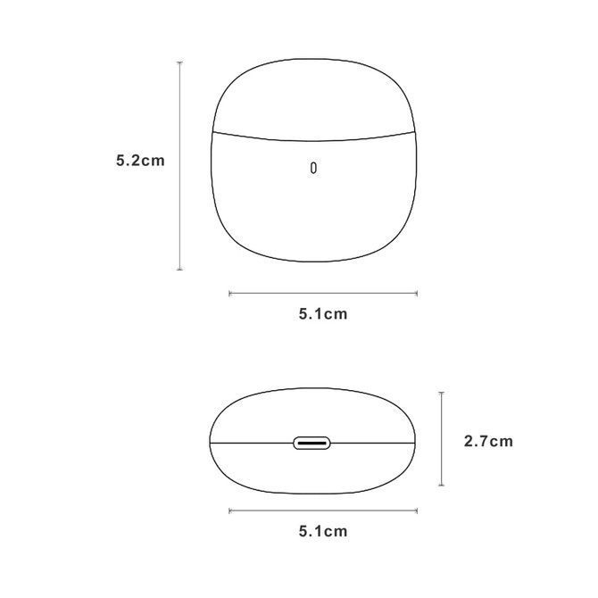A pair of semi in-ear wireless earbuds in a compact charging case, white colour, with dimensions displayed.