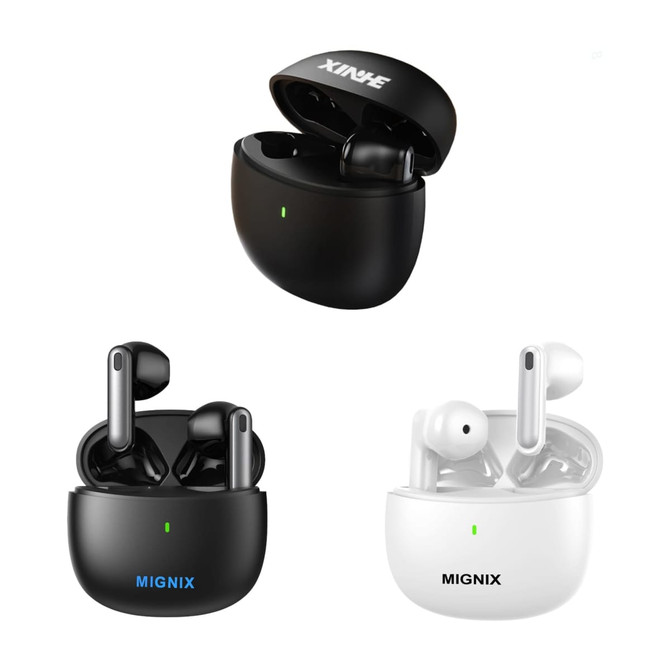 Wireless earbuds in black and white, stored in charging cases. One case features a logo.