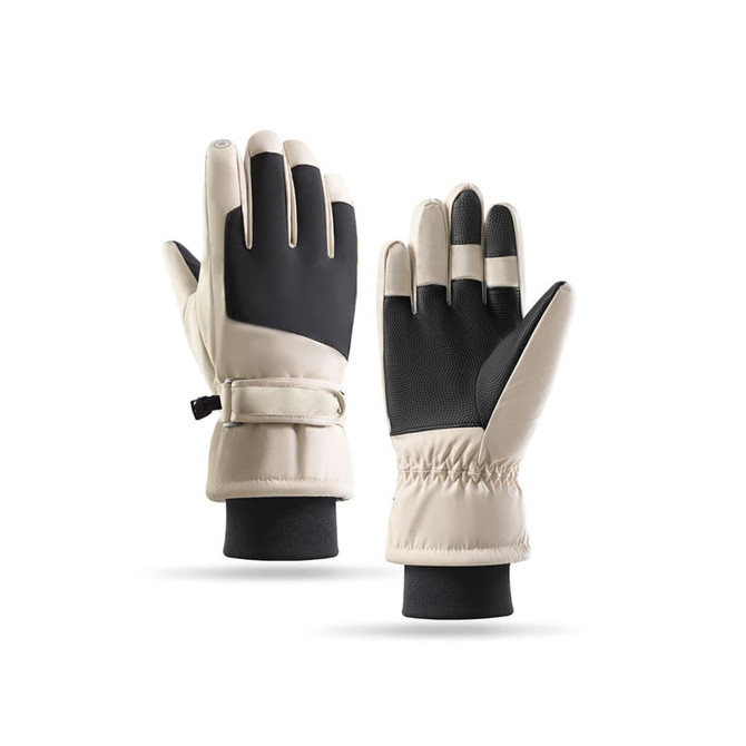 Ski gloves in beige and black, featuring a textured grip and elastic wrist for a snug fit. The gloves have a logo.