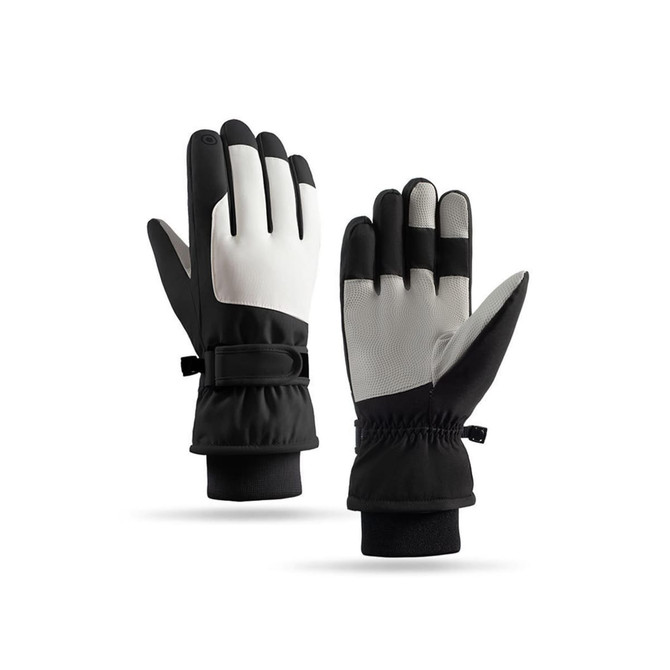 Ski gloves in black and grey, featuring a snug fit and elastic wrist cuffs for enhanced warmth and comfort.