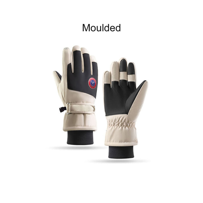 Ski gloves in beige and black featuring a snug fit and a branded logo on the back.