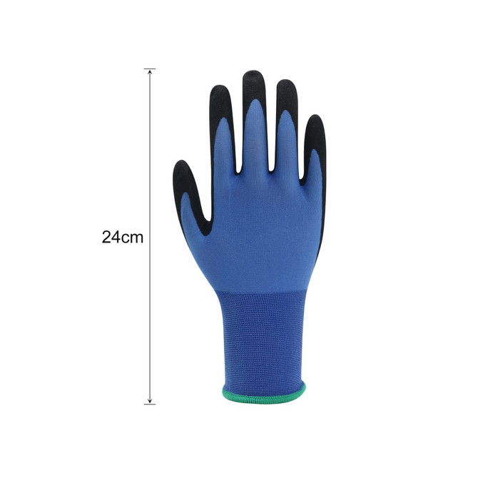 A pair of frost-proof gloves in blue, featuring a textured black grip and a green cuff. Dimensions: 24 cm long.