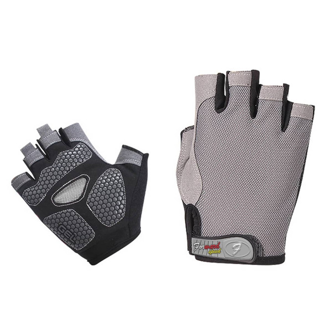 A pair of grey and black anti-slip bike gloves with fingerless design and textured grip. Features branding on the wrist area.
