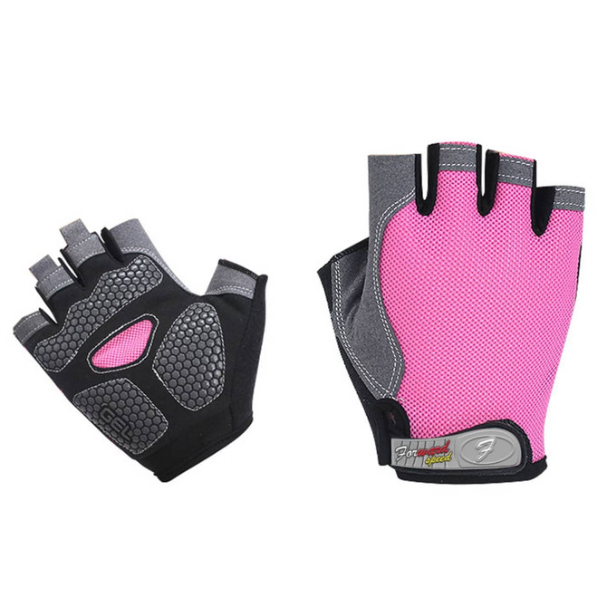 Anti-slip bike gloves in grey and pink, featuring a textured grip and fingerless design. Includes a logo on one glove.