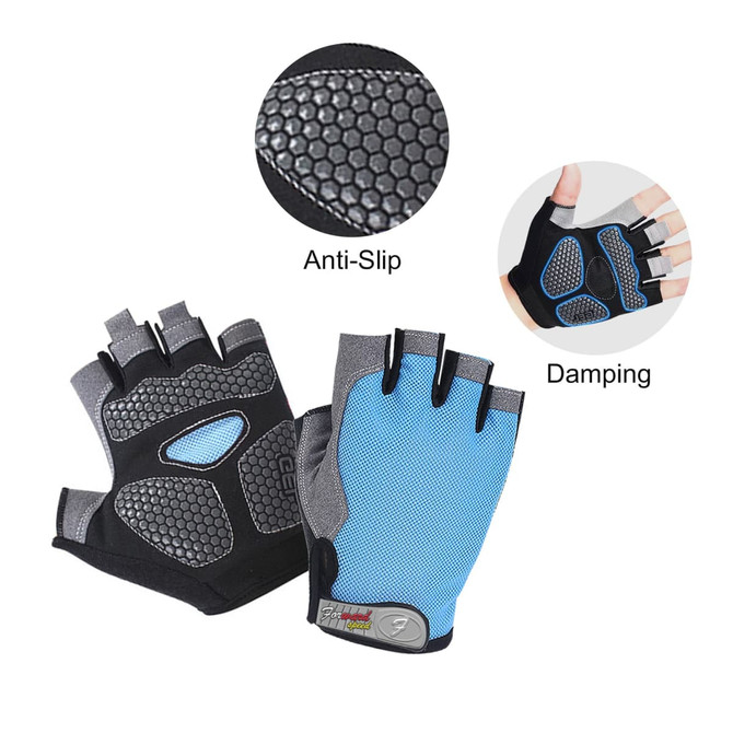 Anti-slip bike gloves in black and blue, featuring a textured grip and padded areas for comfort. Includes a logo.