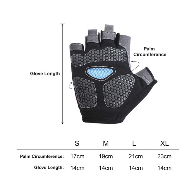 A pair of anti-slip bike gloves in black and grey, featuring a textured grip and a logo, with sizing measurements included.