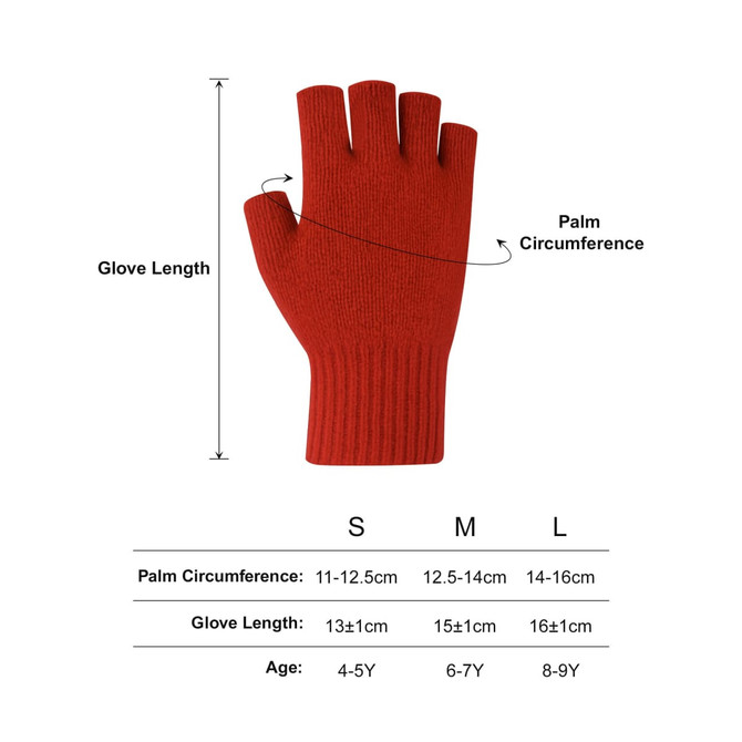 A pair of red knitted fingerless gloves with a woven label, featured in a size guide for children.
