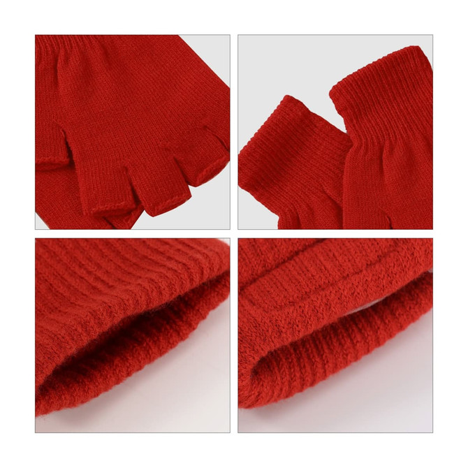 A pair of red knitted fingerless gloves, featuring a textured design and cut-off fingertips for easy movement.