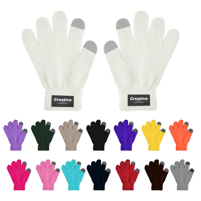 A pair of plain knitted gloves in white with grey fingertips, displayed alongside various other colour options.