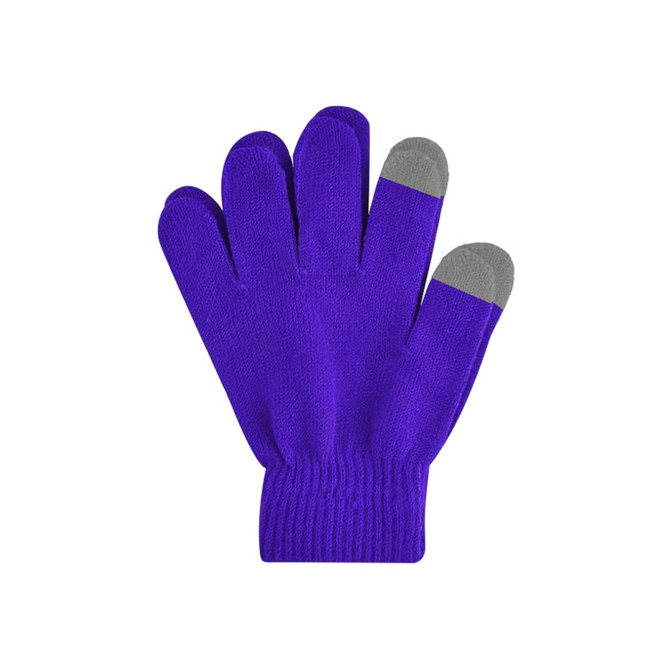 A pair of purple knitted gloves with grey tips on each finger and a woven label.