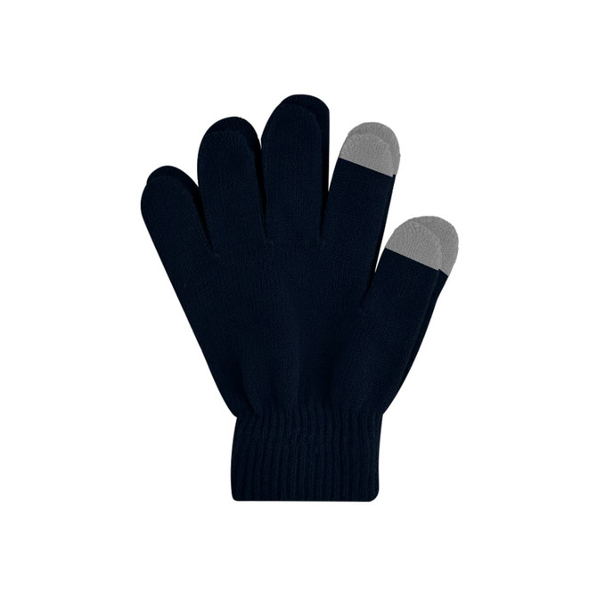 A pair of adult plain knitted gloves in navy blue with grey tips. The gloves feature a woven label.