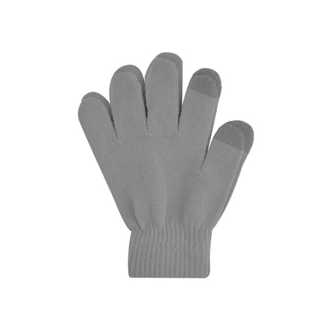 Plain grey knitted gloves featuring a woven label. The gloves have five finger compartments and a ribbed cuff.