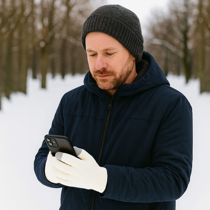 A man wearing cream-coloured knitted gloves and a dark beanie checks his phone in a snowy, tree-lined area.
