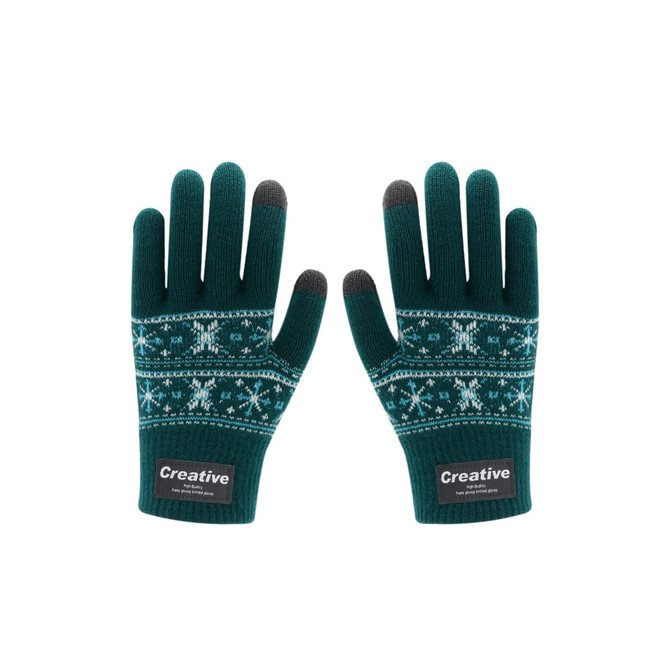 Green jacquard gloves with a snowflake pattern and touch-screen friendly fingertips. Features a branding logo.