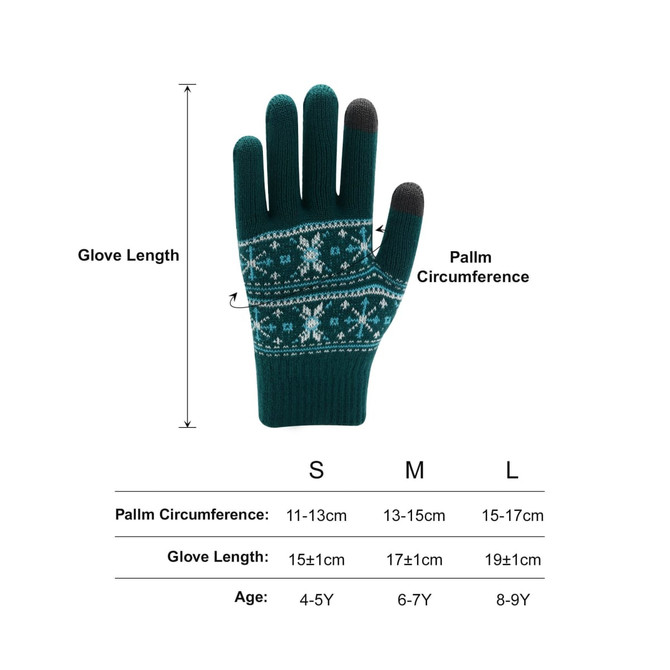 A pair of kids' jacquard gloves in a teal colour with a winter pattern, featuring touchscreen fingertips.