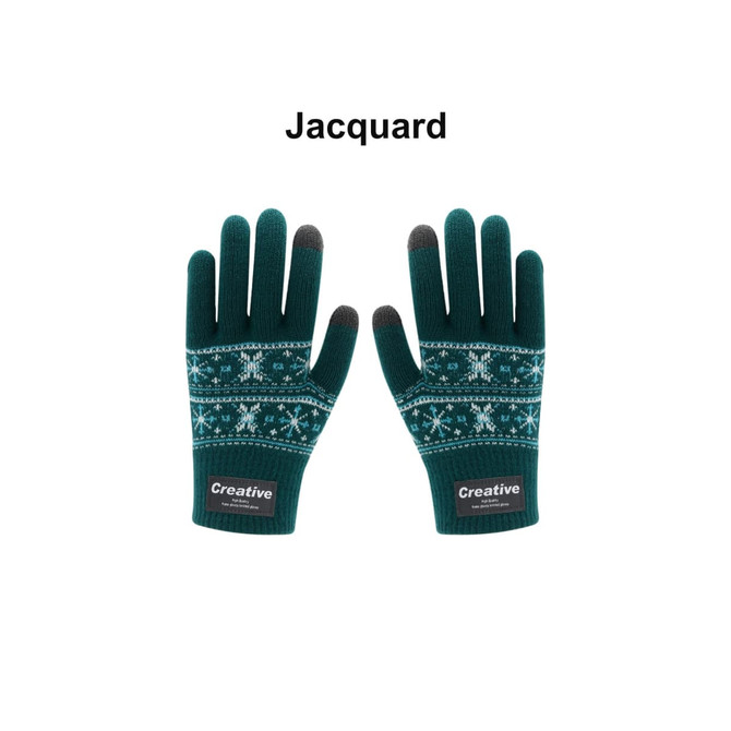 A pair of green jacquard gloves featuring a snowflake pattern, with touch-screen compatible fingertips.