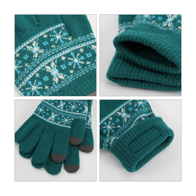 Kids' jacquard gloves in teal with patterned detailing in blue and white, featuring a snug fit and a logo.