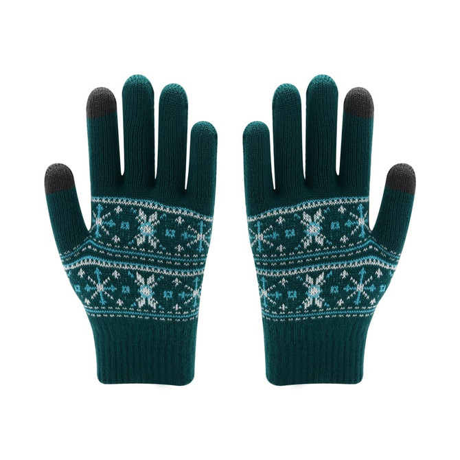 Adults Jacquard gloves in teal with a snowflake pattern and dark grey fingertips. Features a knitted design.