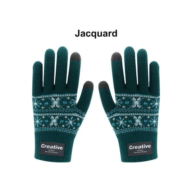A pair of teal jacquard gloves with a snowflake pattern and grey fingertips, featuring a logo label.